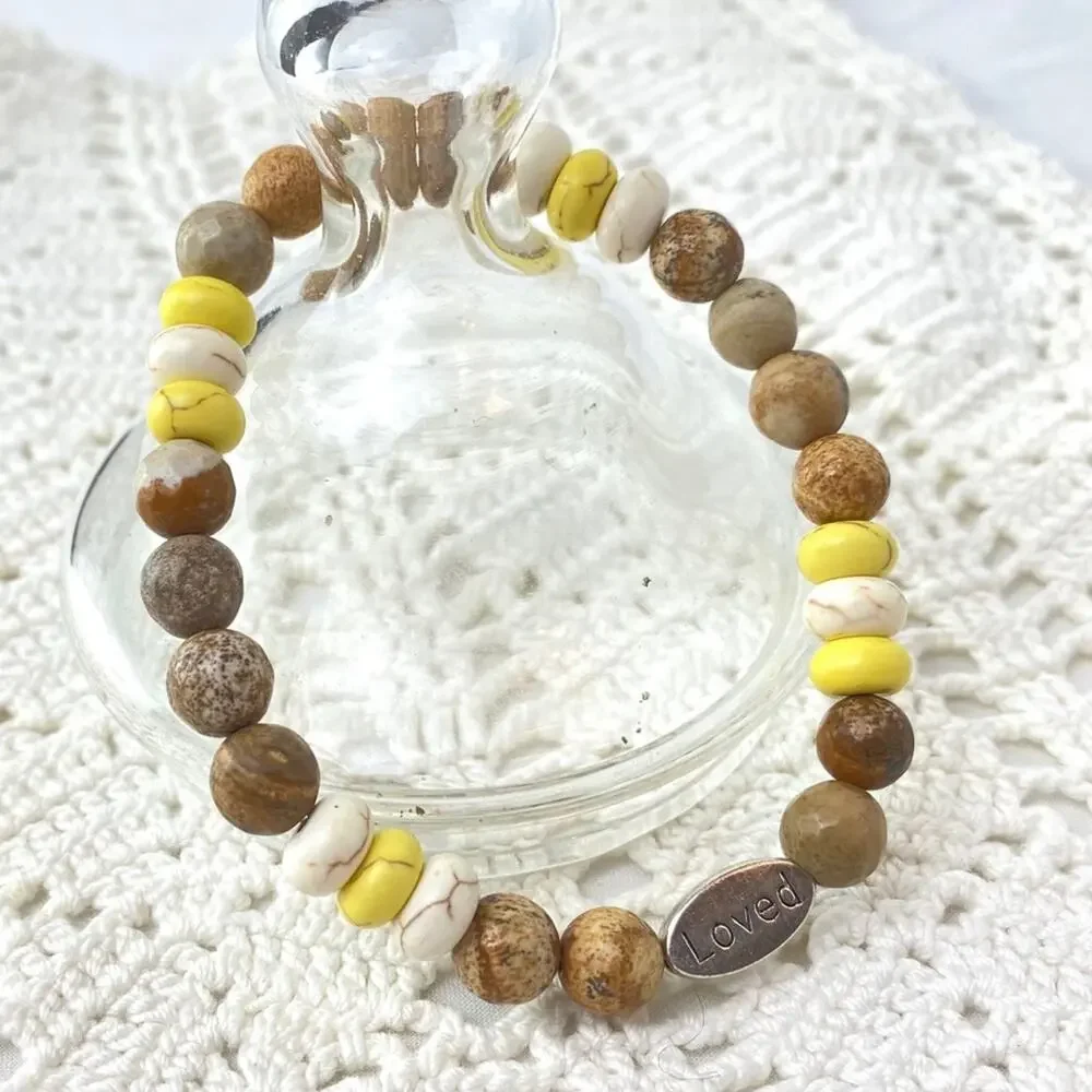 LOVED Charm Howlite Marbled Glass Bead Bracelet